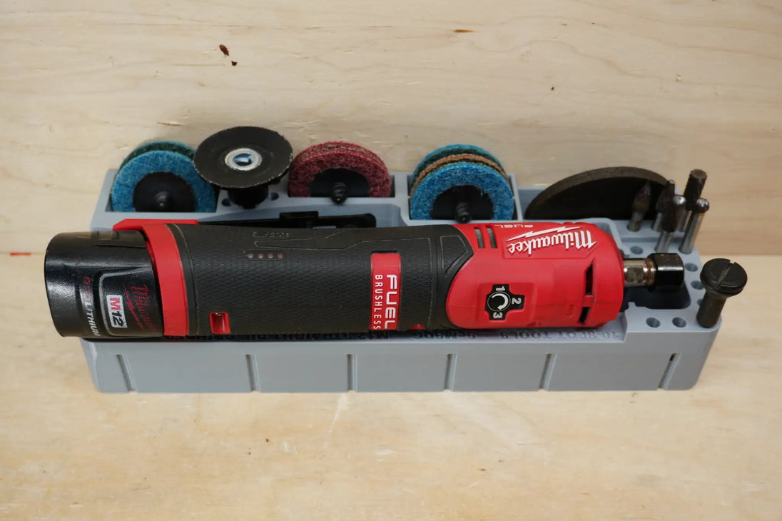 SideCar Inserts for Packout Organizer Boxes 10-Spot Tools gray organizer with red Milwaukee drill and blue discs