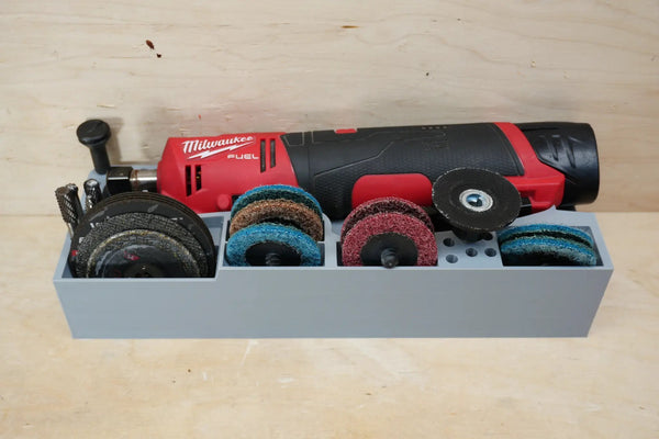 Packout SideCar Insert for M12 FUEL Straight Die Grinder with Milwaukee tool and assorted abrasive discs.