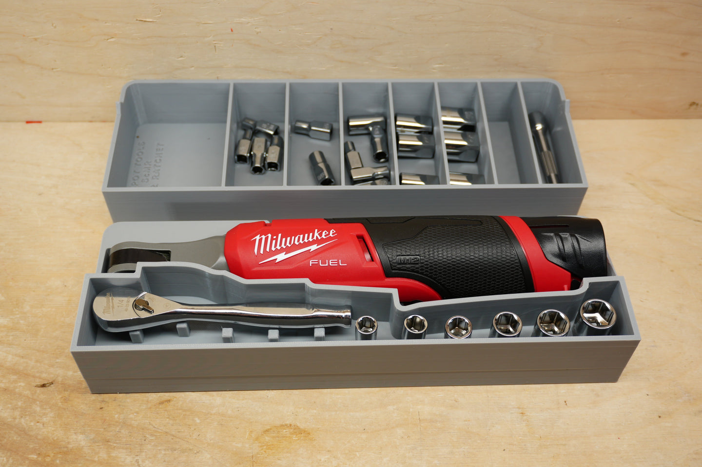 SideCar Inserts for Packout Organizer Boxes — 10-Spot Tools, gray organizer tray with metal bit inserts; Milwaukee M12.
