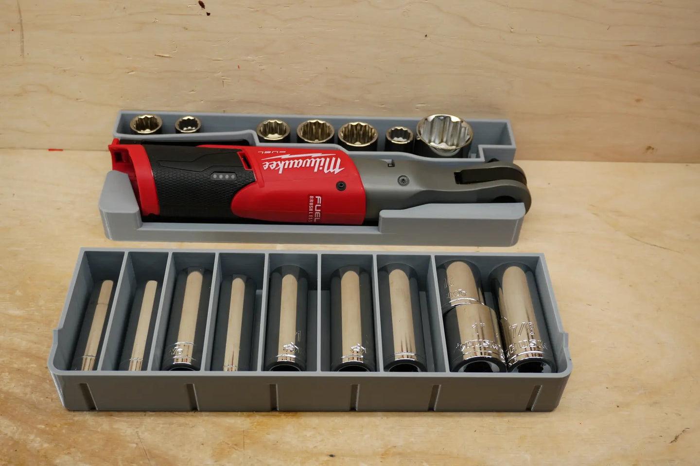 Packout SideCar Insert for M12 FUEL 1/2-in Ratchet, Milwaukee gray plastic tool organizer with sockets