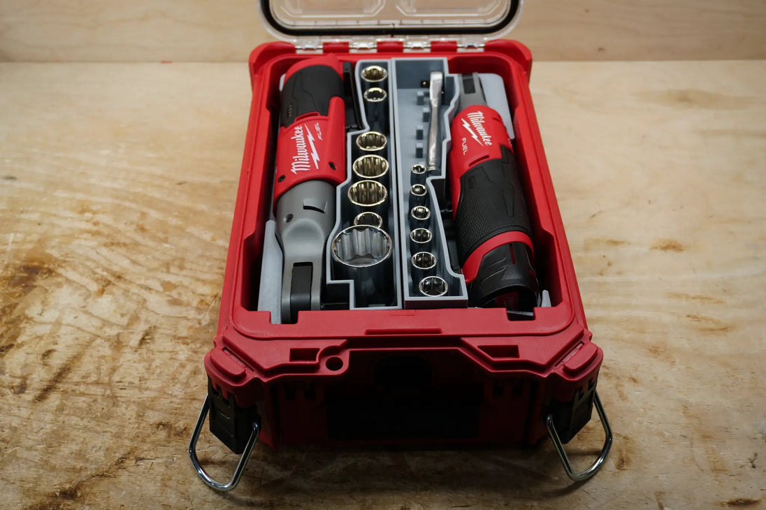 Packout SideCar Insert for M12 FUEL 1/2 in Ratchet, two red Milwaukee tools in red Packout case by 10-Spot Tools