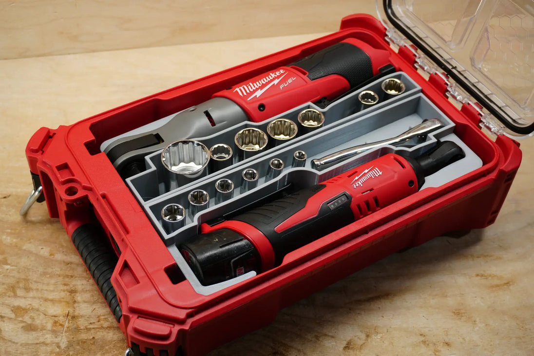 Packout SideCar Insert for Milwaukee M12 FUEL 1/2-in Ratchet ScMR2558 in red Packout case with gray tray and sockets