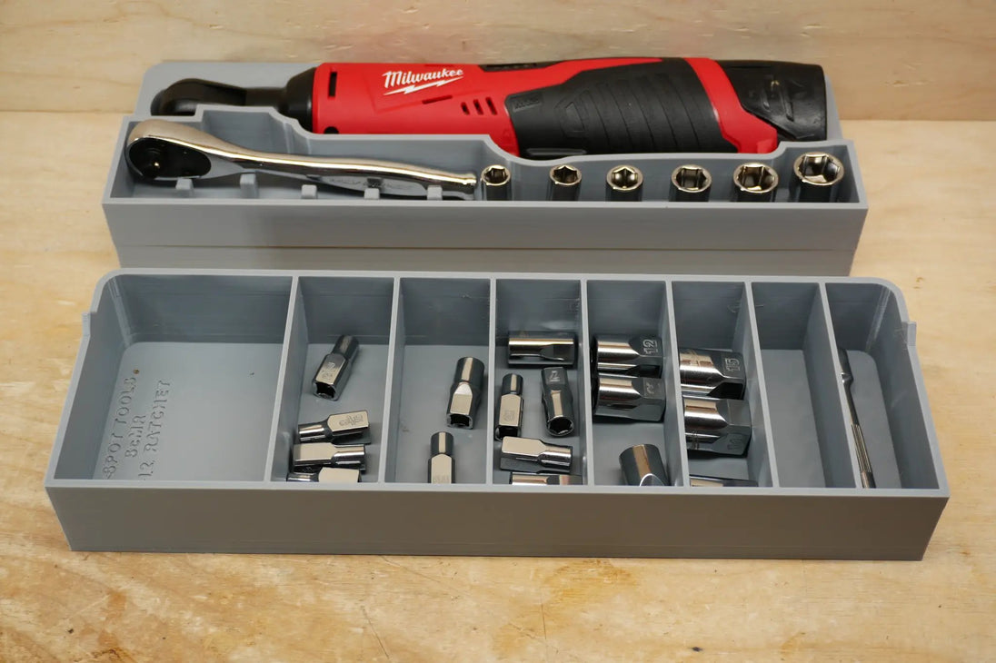 Packout SideCar Insert for M12 1/4in Ratchet – Milwaukee tool in gray organizer with sockets