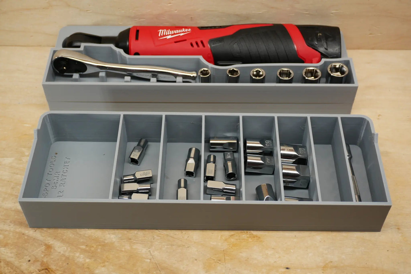 Packout SideCar Insert for M12 1/4in Ratchet – Milwaukee tool in gray organizer with sockets