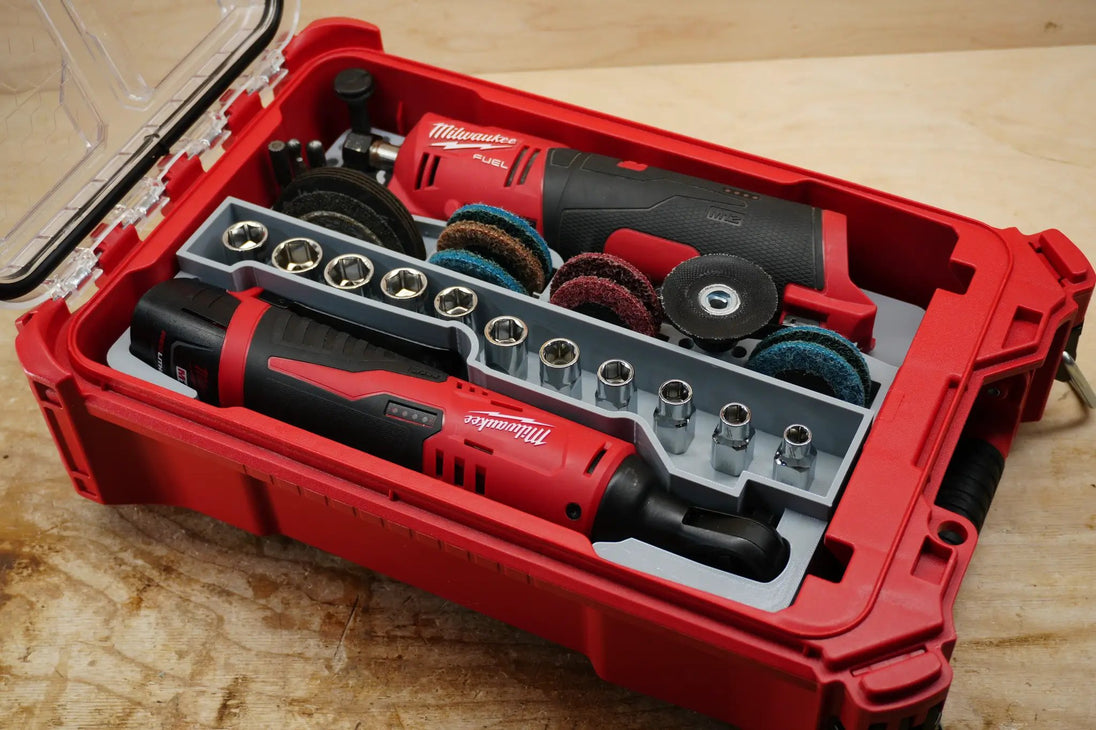 Packout SideCar Insert for M12 3/8 Ratchet ScMR2457 in red Milwaukee Packout case with socket rail and abrasive discs