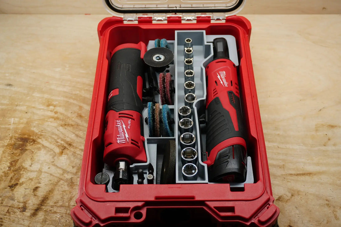 Packout SideCar Insert for M12 3/8in Ratchet, gray tool organizer in Milwaukee Packout case