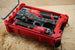 SideCar Inserts for Packout Organizer Boxes, 10-Spot Tools, gray insert tray with socket bits in red Packout case