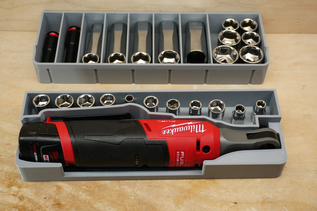 SideCar Inserts for Packout Organizer Boxes by 10-Spot Tools, gray plastic partitioned tray with socket bits