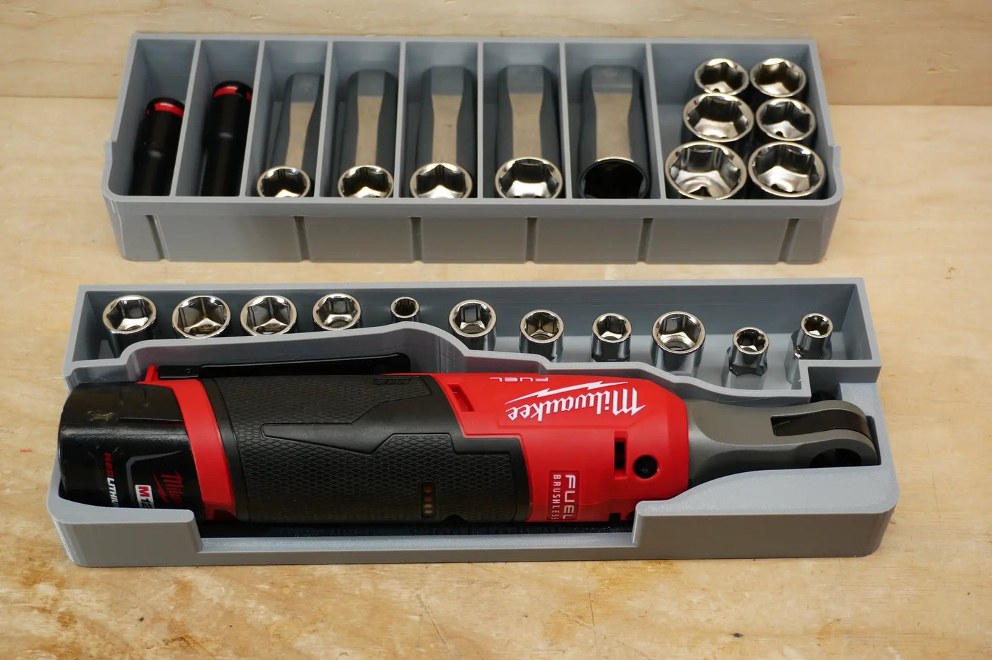 SideCar Inserts for Packout Organizer Boxes by 10-Spot Tools, gray plastic partitioned tray with socket bits