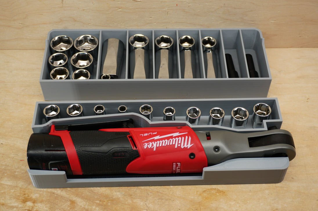 Packout SideCar Insert for M12 FUEL 3/8 in Ratchet, gray tool organizer with chrome sockets; Milwaukee M12 tool visible