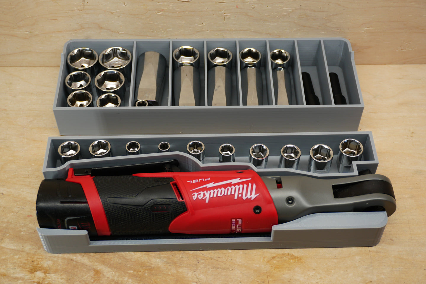 Packout SideCar Insert for M12 FUEL 3/8 in Ratchet, gray tool organizer with chrome sockets; Milwaukee M12 tool visible