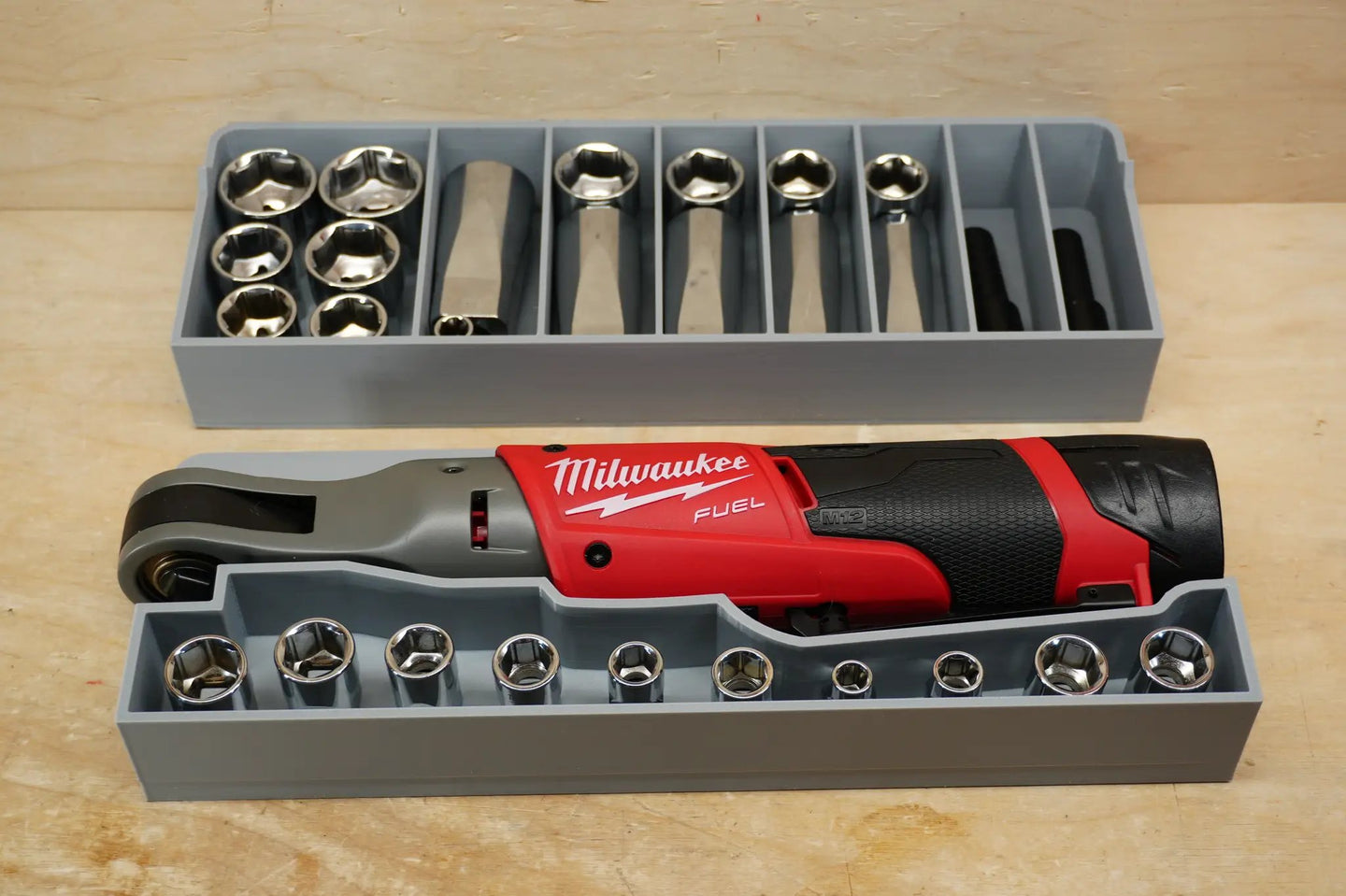 Packout SideCar Insert for M12 FUEL 3/8in Ratchet, gray tool box insert with socket slots; Milwaukee M12 tool visible