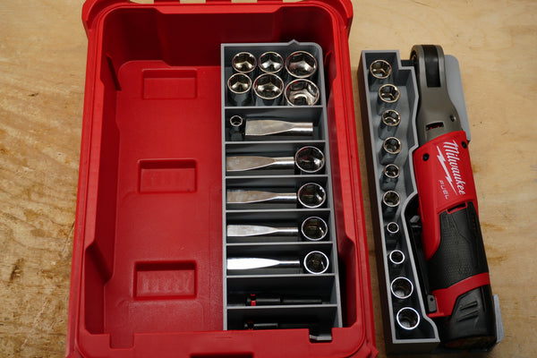 Packout SideCar Insert ScMR2557 for Milwaukee M12 FUEL 3/8in Ratchet - gray plastic tool organizer with socket trays