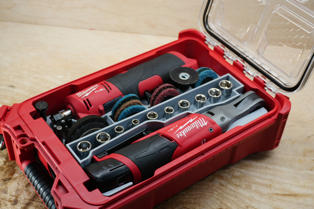SideCar Inserts for Packout Organizer Boxes by 10-Spot Tools; gray insert in red Packout case with Milwaukee drill