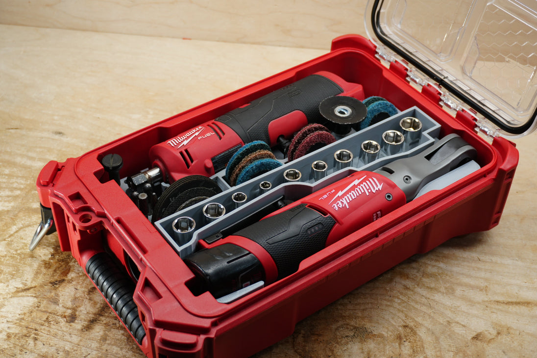 Packout SideCar Insert for M12 FUEL 3/8-in Ratchet - Milwaukee tool in red Packout case with gray socket rail