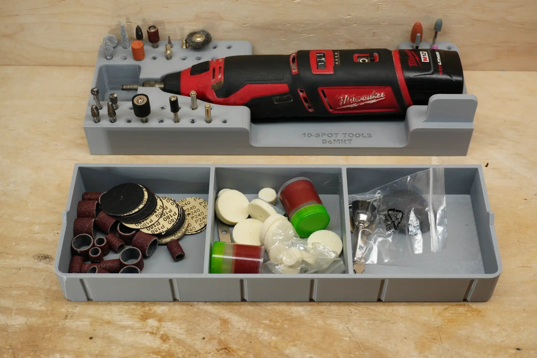 Packout SideCar Insert for M12 Rotary Tool ScMRT; Milwaukee M12 in upper tray with discs and pads (10-Spot Tools)