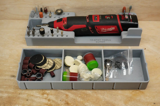 Packout SideCar Insert for M12 Rotary Tool ScMRT; Milwaukee M12 in upper tray with discs and pads (10-Spot Tools)
