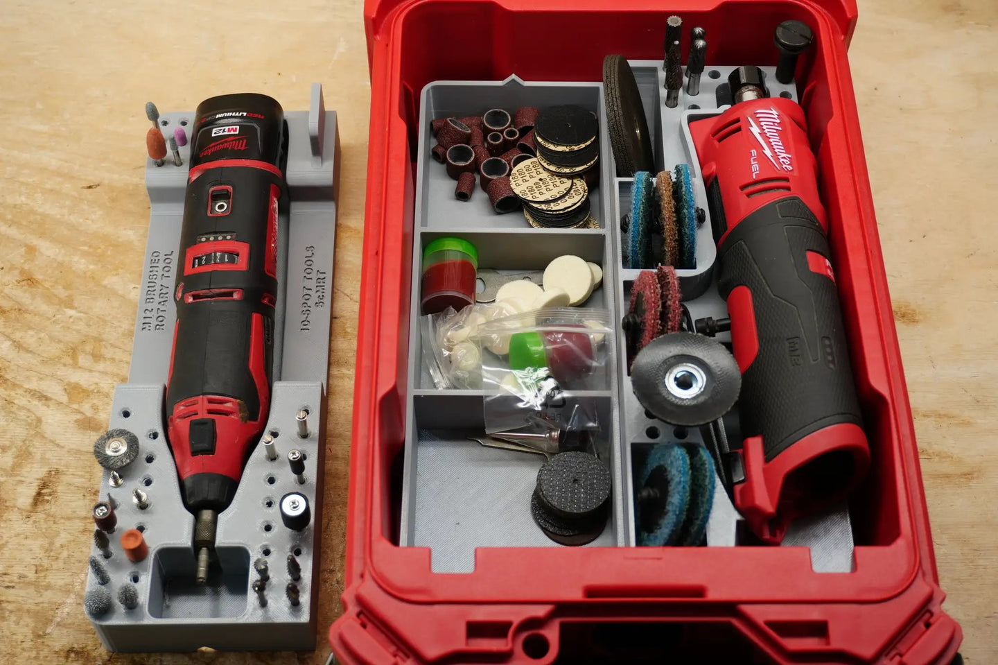 Packout SideCar Insert for M12 Rotary Tool ScMRT; Milwaukee red tool in grey organizer with sanding discs
