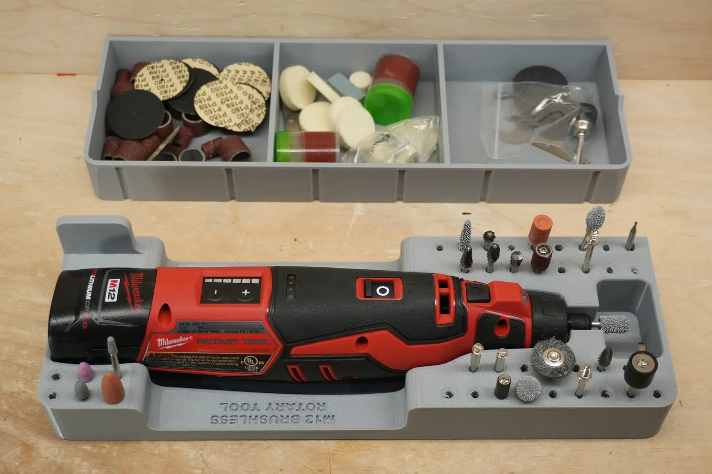 Packout SideCar Insert for M12 Rotary Tool; gray tool organizer with abrasive discs and pads