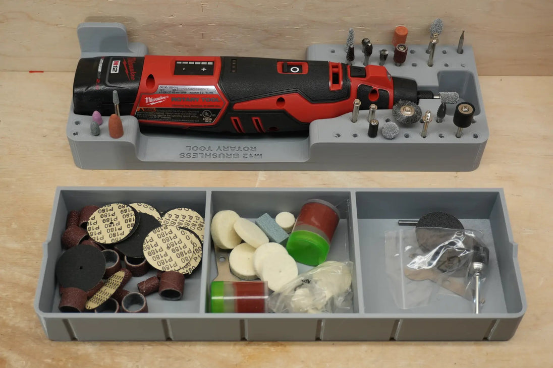 Packout SideCar Insert for M12 Rotary Tool Milwaukee red/black cordless tool in gray organizer with grinding bits