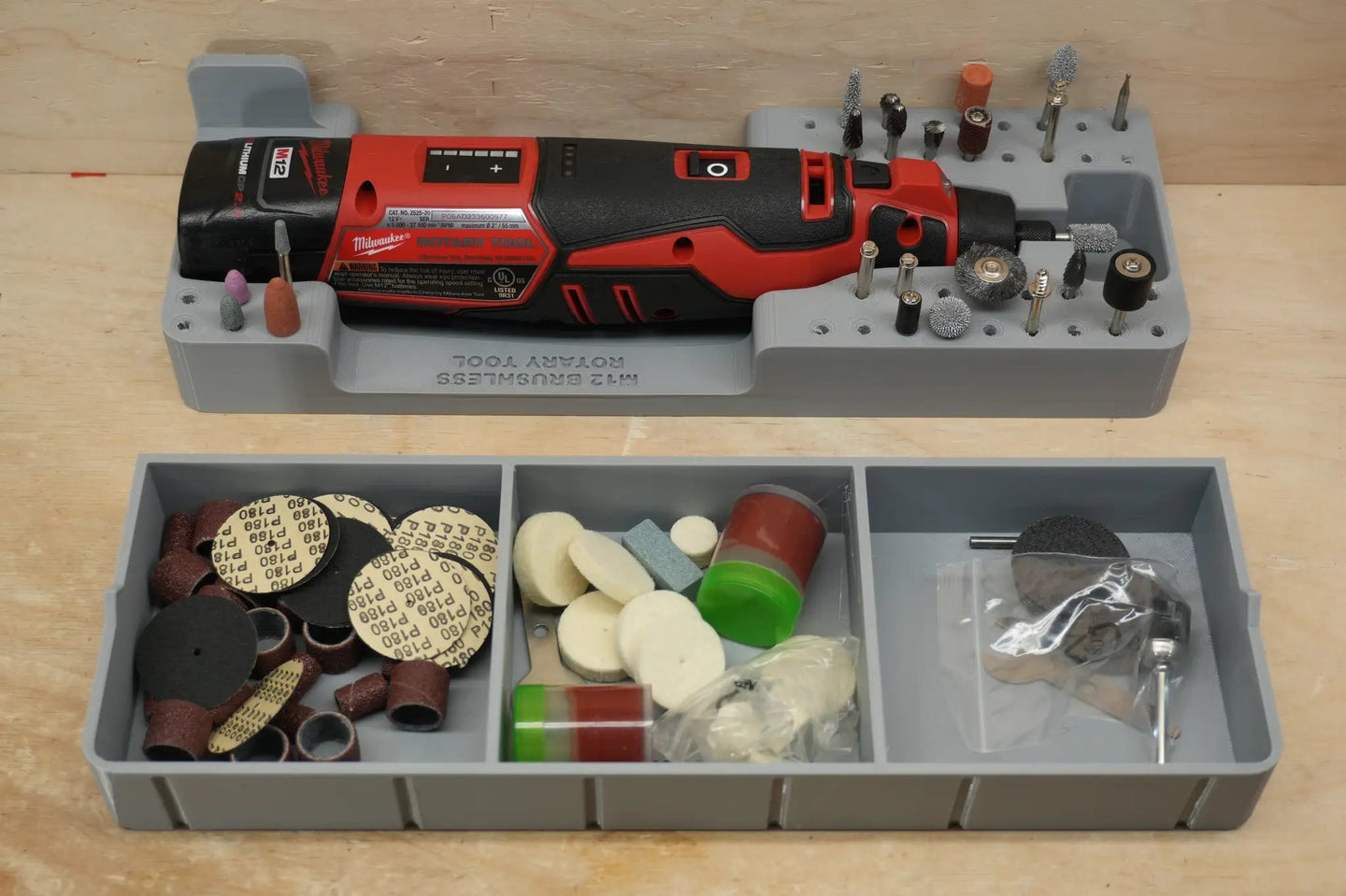 Packout SideCar Insert for M12 Rotary Tool Milwaukee red/black cordless tool in gray organizer with grinding bits