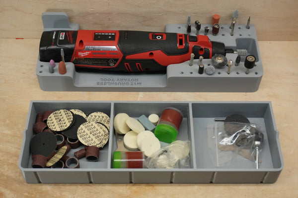 Packout SideCar Insert for M12 Rotary Tool Milwaukee red/black cordless tool in gray organizer with grinding bits