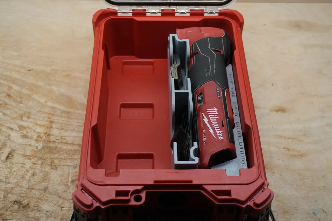 Packout SideCar Insert for M12 FUEL Multi Tool ScMFMT with gray divider inside red Packout case