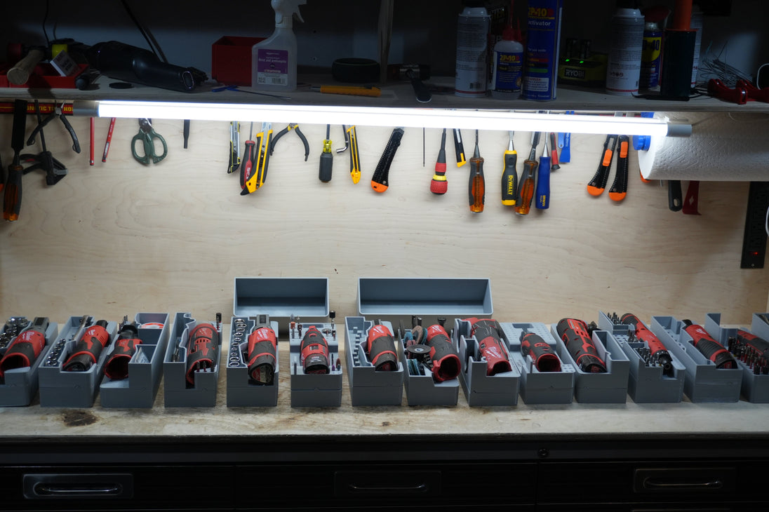 10-Spot Tools SideCar Inserts for Packout Organizer Boxes 5-pack; gray plastic tool organizers shown with red cordless drills