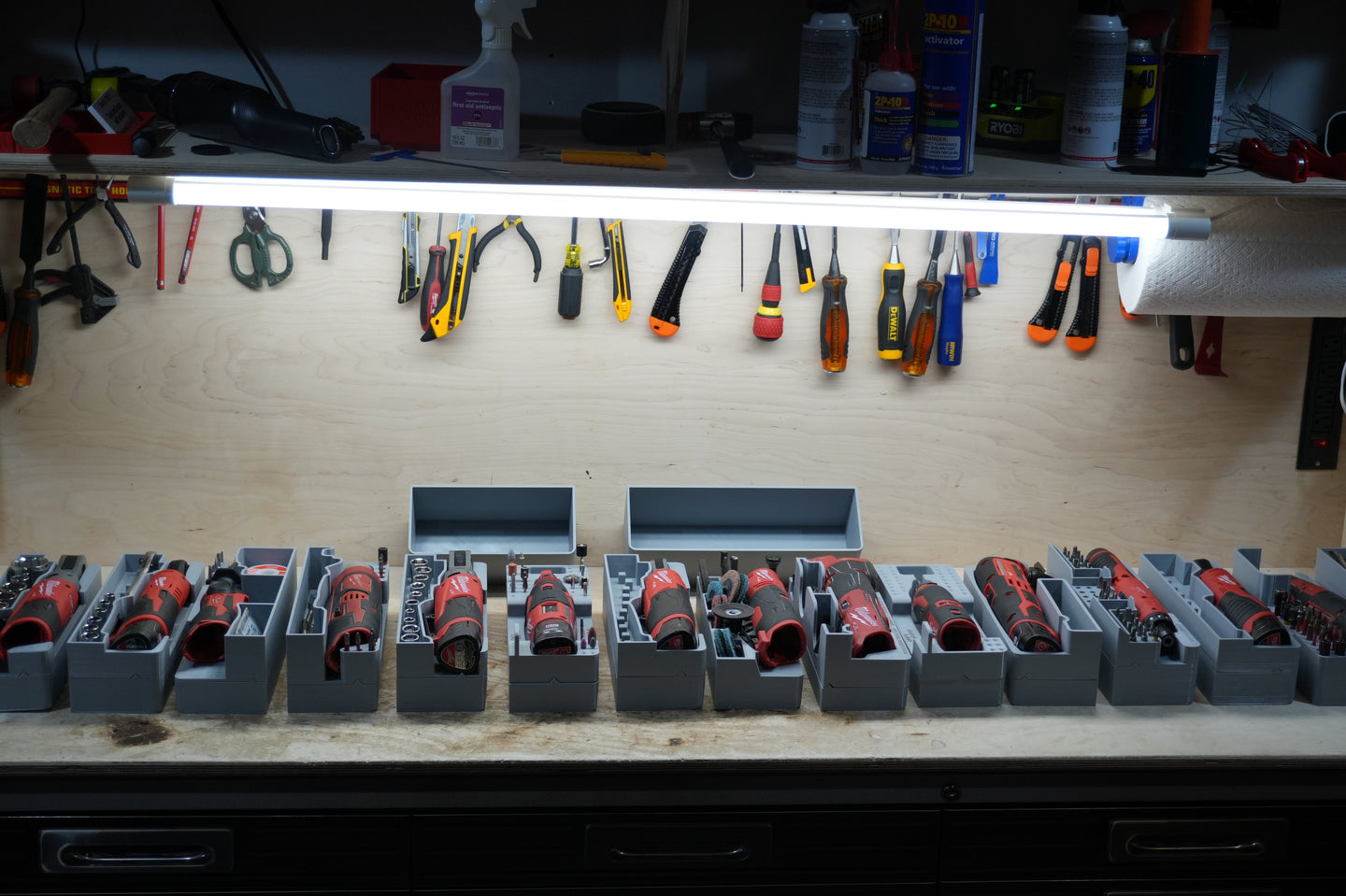 10-Spot Tools SideCar Inserts for Packout Organizer Boxes 5-pack; gray plastic tool organizers shown with red cordless drills