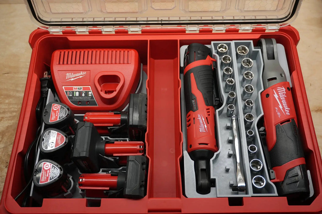 Packout SideCar Insert for M12 FUEL 3/8-inch Ratchet in red Packout case with gray socket rail and Milwaukee