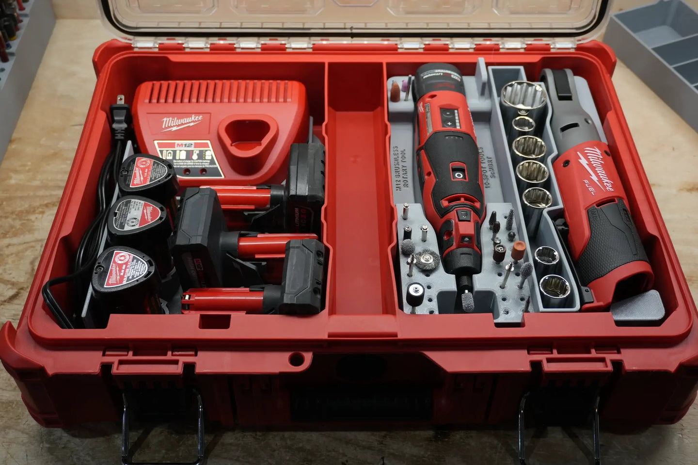 SideCar Inserts for Packout Organizer Boxes in a red Packout case with drill, sockets, and bit holders.