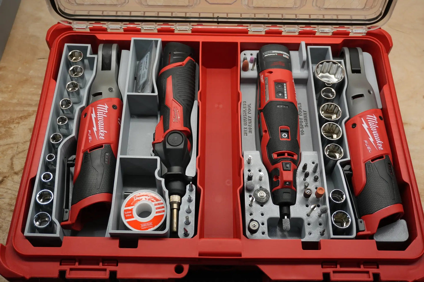 Packout SideCar Insert for M12 FUEL 3/8 in. High Speed Ratchet in Milwaukee Packout case with gray dividers and sockets