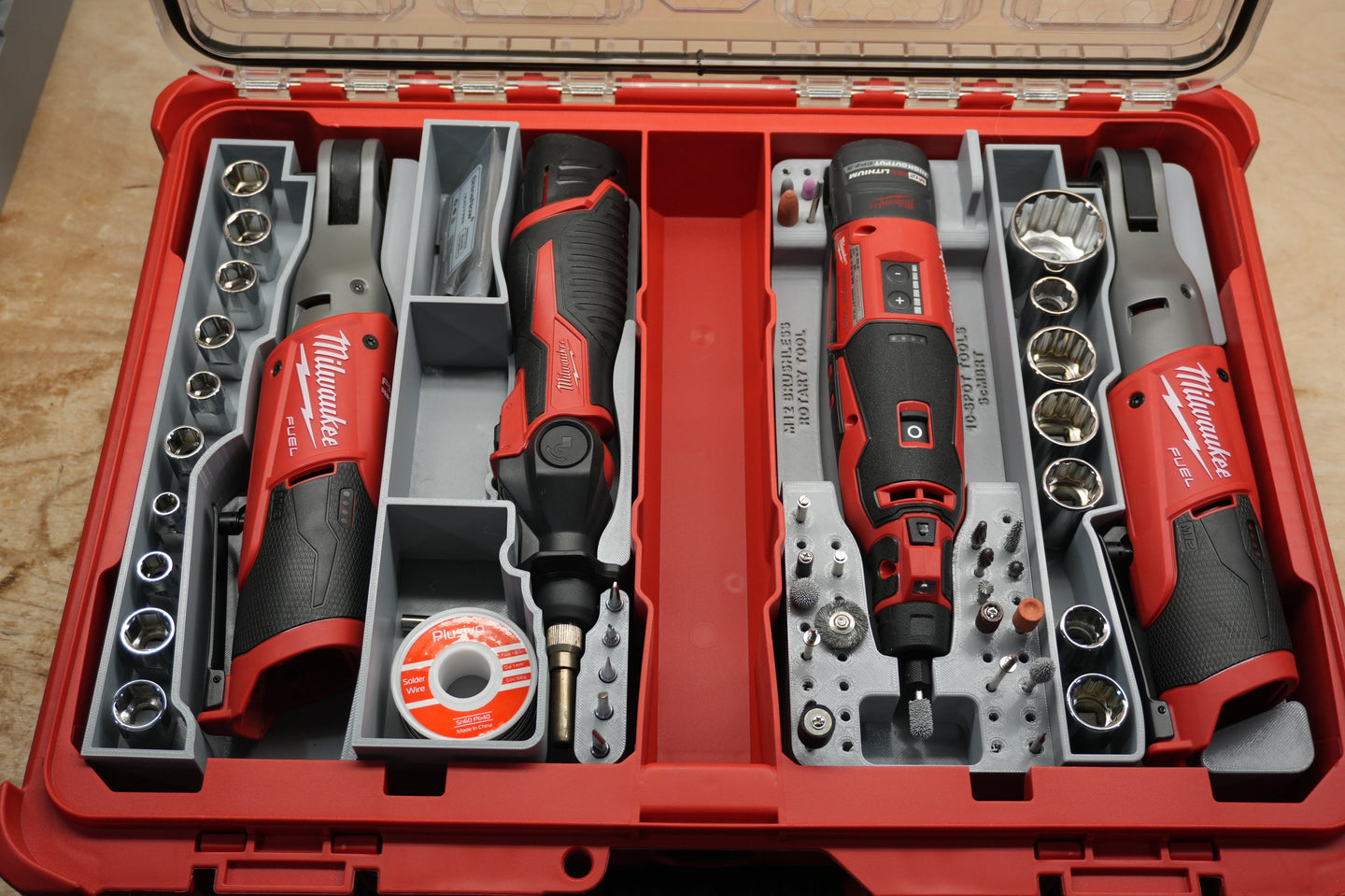 10-Spot Tools SideCar Inserts for Packout Organizer Boxes, gray modular tool trays shown inside Milwaukee Packout case