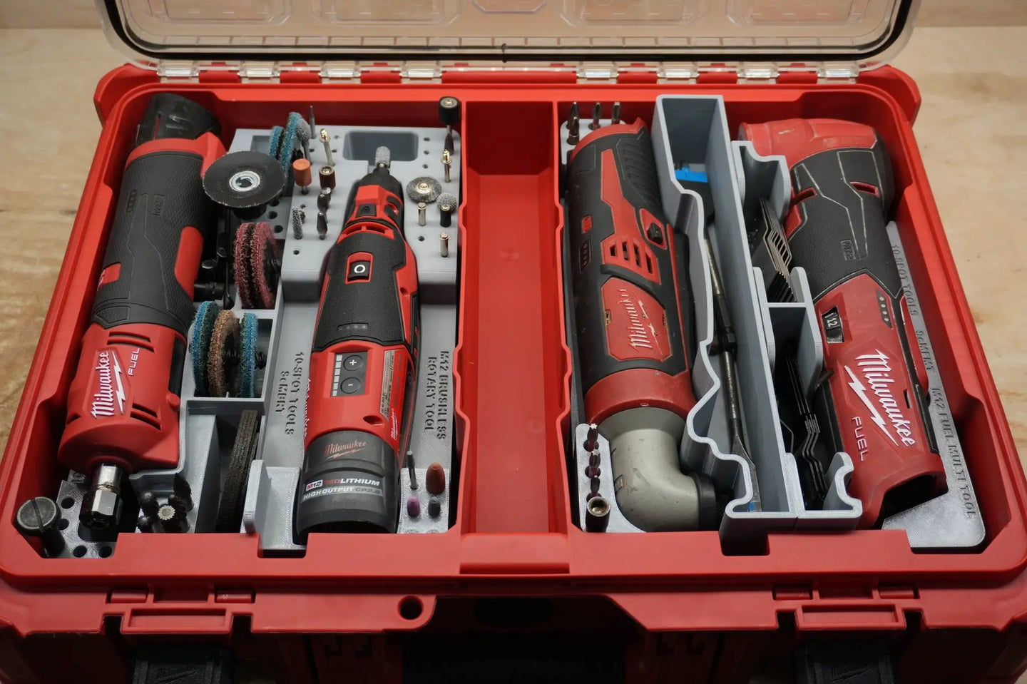 Packout SideCar Insert for M12 FUEL Multi Tool (ScMFMT) - 10-Spot Tools organizer in red Packout case with gray insert
