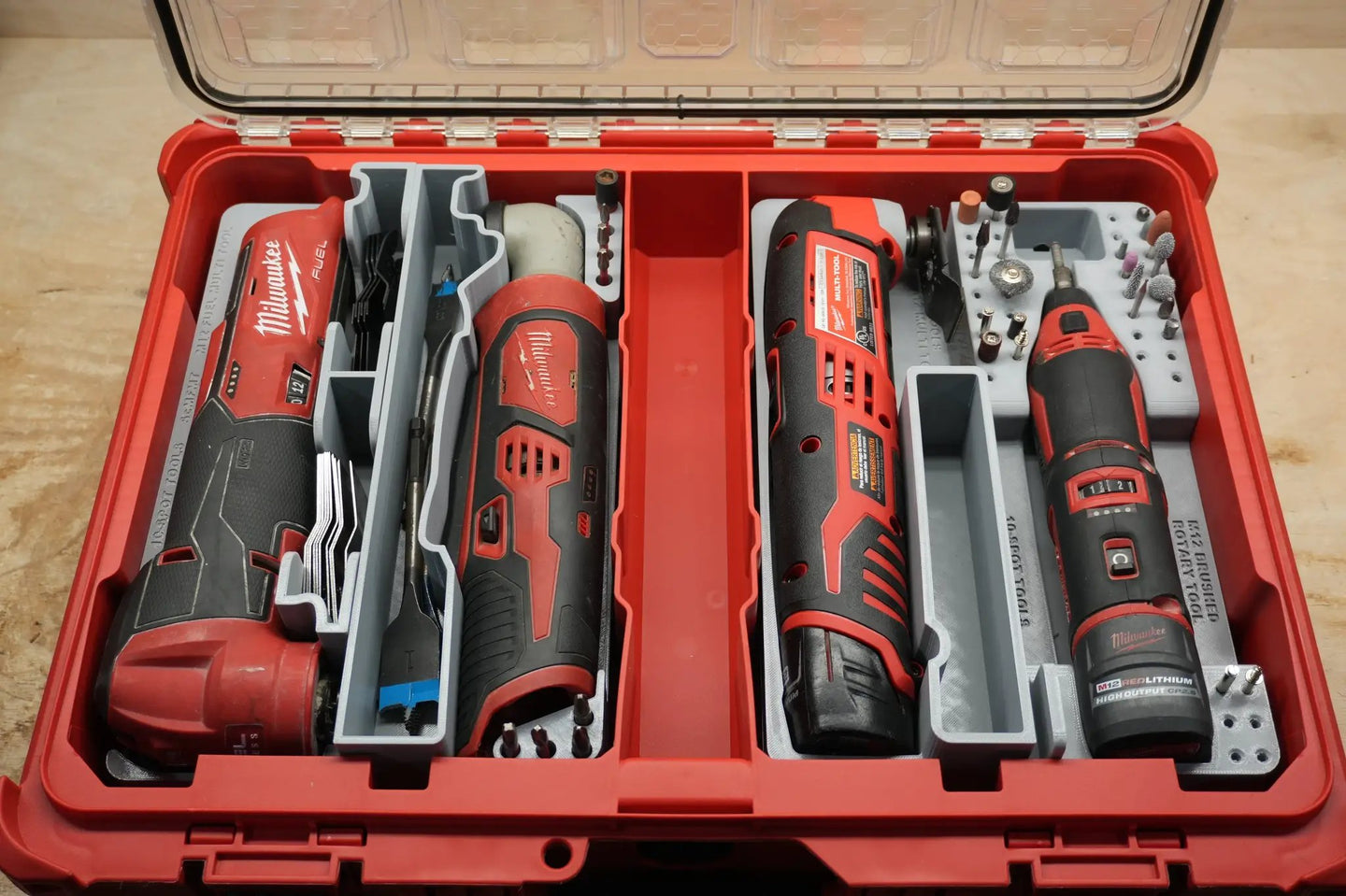 SideCar Inserts for Packout Organizer Boxes, gray plastic dividers inside red Milwaukee Packout case