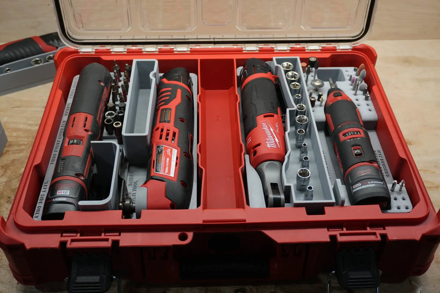 Packout SideCar Insert for M12 FUEL 1/4in High Speed Ratchet by 10-Spot Tools, gray plastic in Milwaukee Packout toolbox
