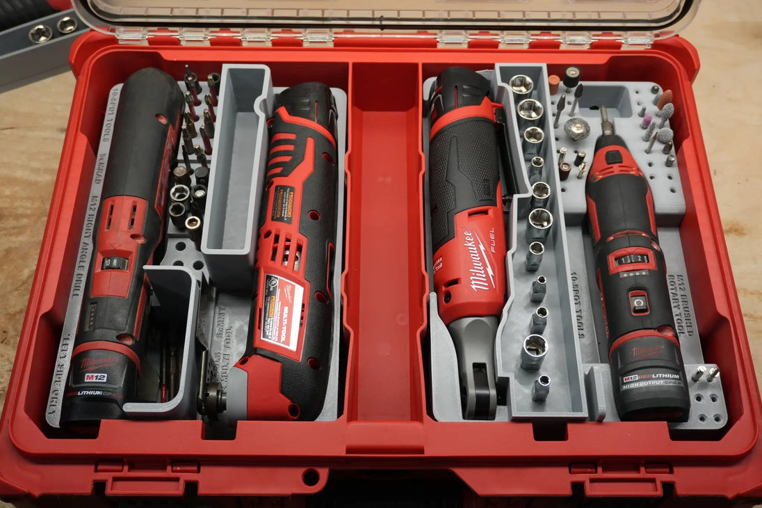 Packout SideCar Insert for M12 Right Angle Drill ScMRAD, tool organizer with grey dividers and Milwaukee M12 drills