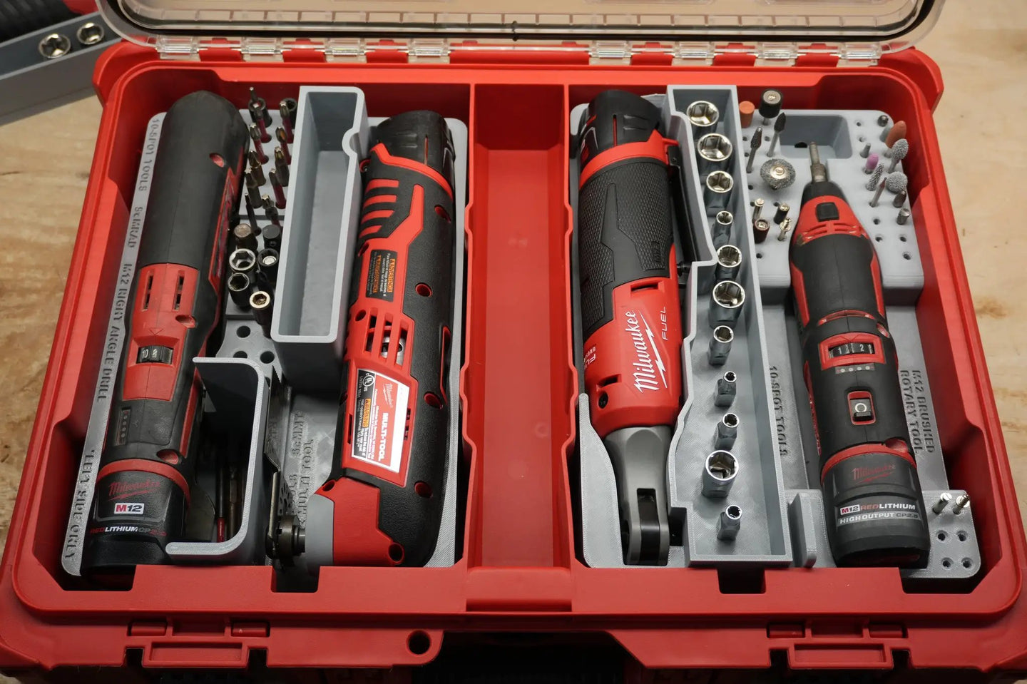 Packout SideCar Insert for M12 Right Angle Drill ScMRAD, tool organizer with grey dividers and Milwaukee M12 drills