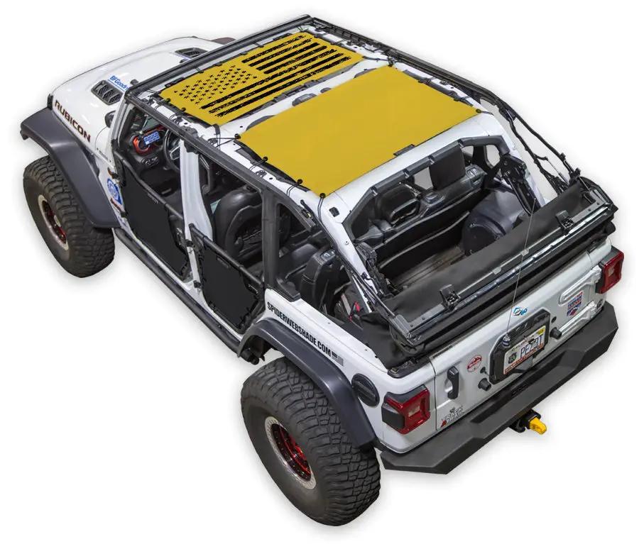 Sun Shade SpiderWebShade for Jeep Wrangler JLU 4-Door, white Jeep with a yellow stock printed shade top