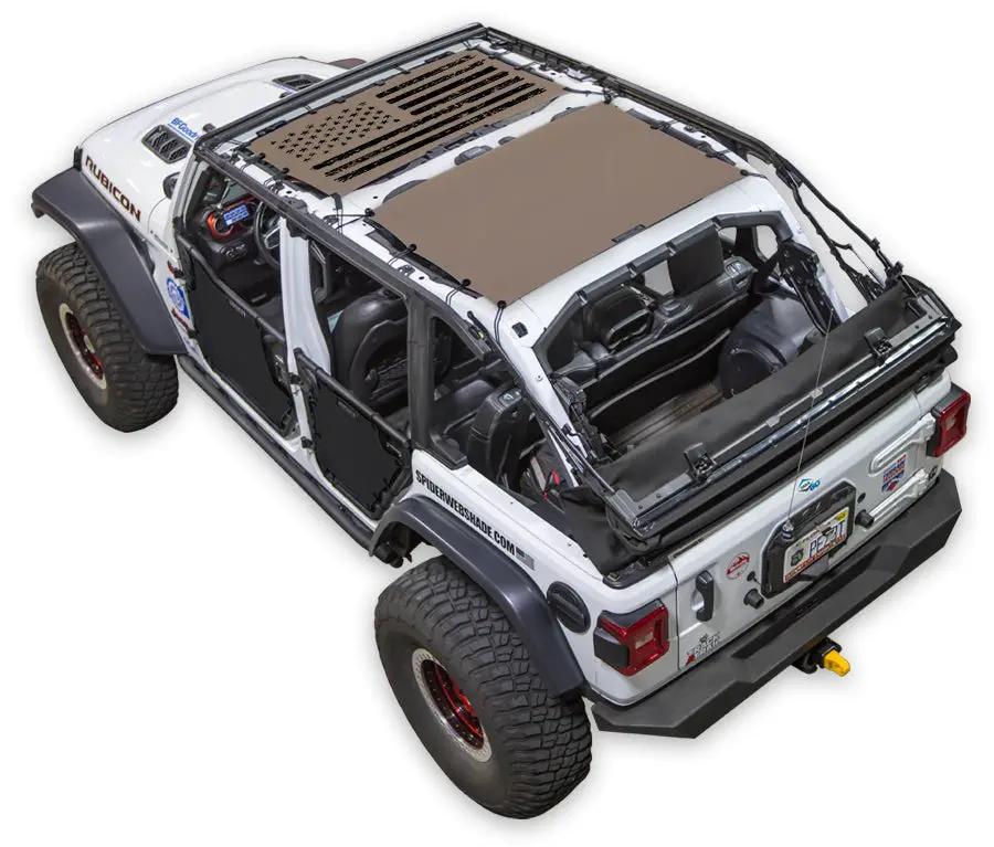 Sun Shade for Jeep Wrangler JLU 4-Door by SPIDERWEBSHADE; tan stock printed shade top.