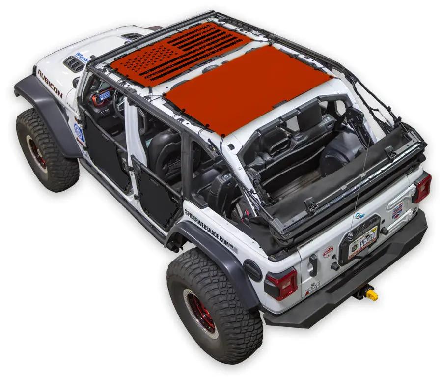 Sun shade for Jeep Wrangler JLU 4-Door by SpiderWebShade; orange printed shade top.