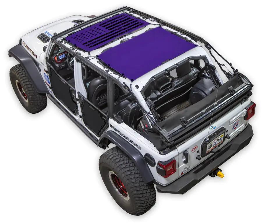 SpiderWebShade sun shade top for Jeep Wrangler JLU 4-Door, purple printed shade, 2018–2026
