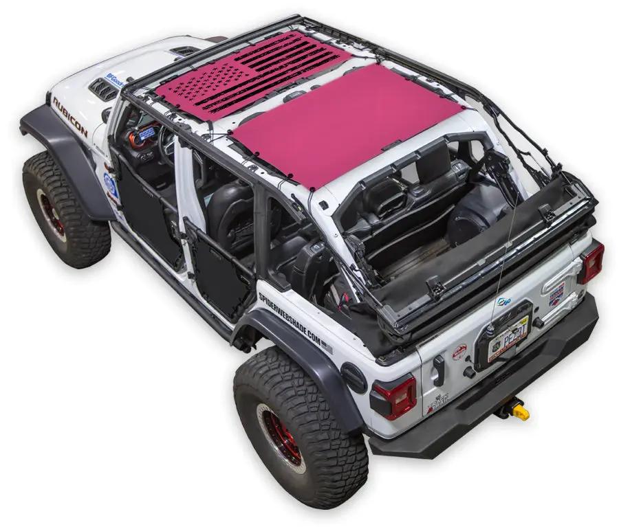 Jeep Wrangler JLU 4-Door Sun Shade by SPIDERWEBSHADE, pink stock-printed top