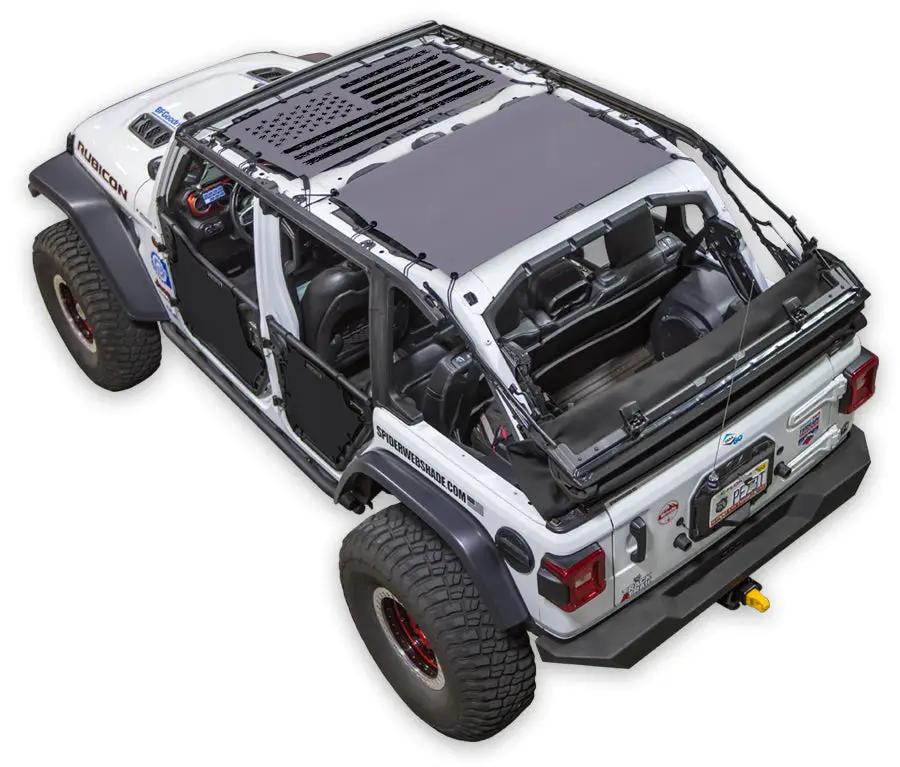 Sun shade top for Jeep Wrangler JLU 4-Door by SpiderWebShade (2018–2026), gray stock-printed shade.