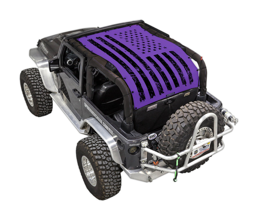 Sun shade top for Jeep Wrangler JK 2-Door by SpiderWebShade, purple stock-printed shade with distressed flag design