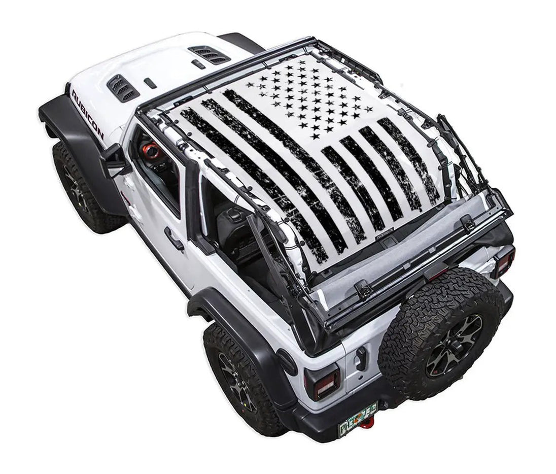 Sun shade for Jeep Wrangler JL 2-Door by SpiderWebShade with black-and-white American flag print.