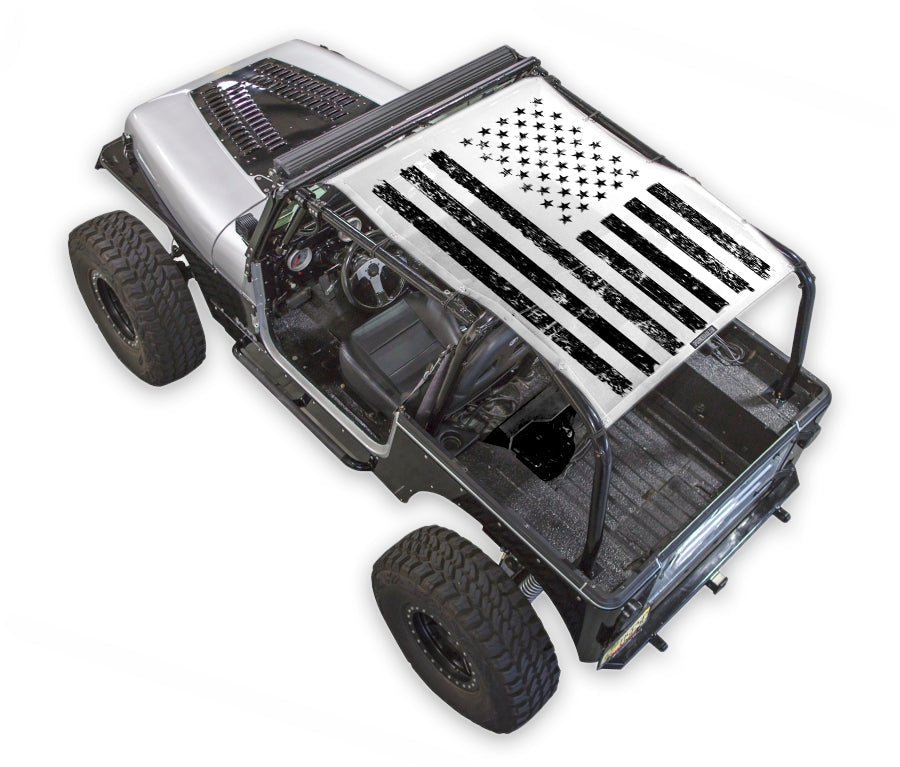 Sun Shade SPIDERWEBSHADE for Jeep Wrangler YJ (1987–1996); printed flag top in distressed black and white.