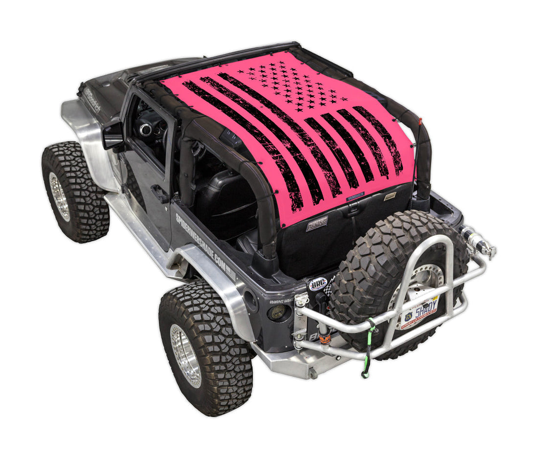 Sun shade by SPIDERWEBSHADE for Jeep Wrangler JK 2-Door, pink distressed flag print