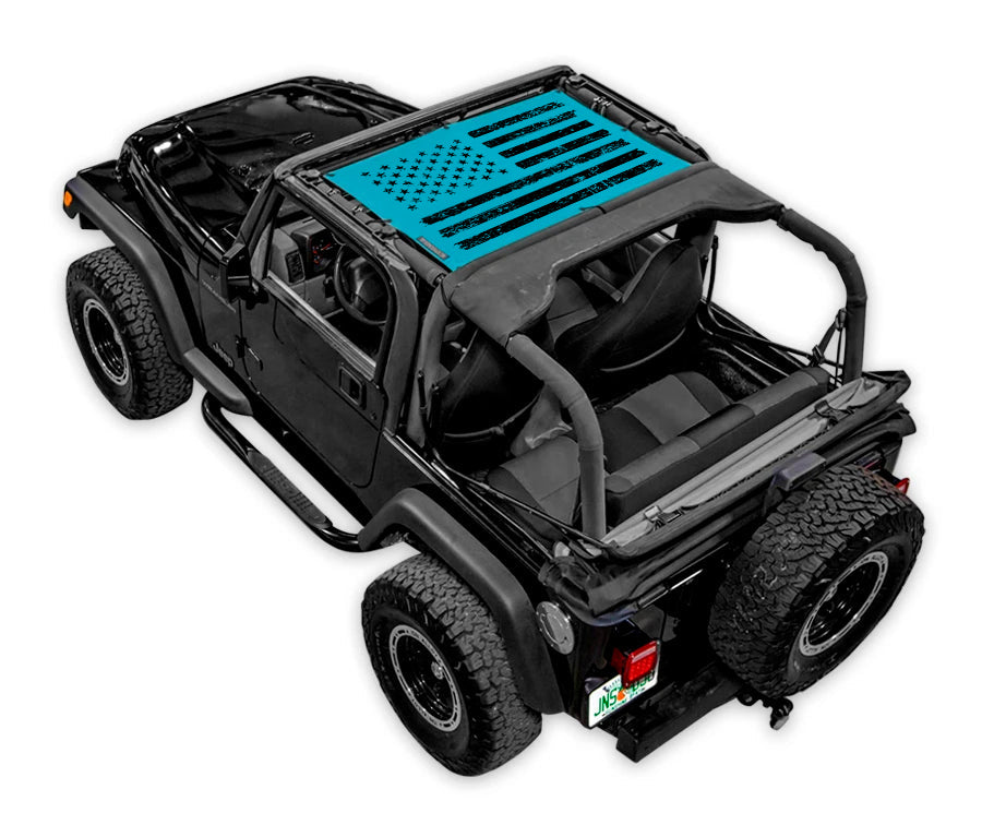 SPIDERWEBSHADE Sunshade for Jeep Wrangler TJ (1997–2006); blue printed shade top with flag design.
