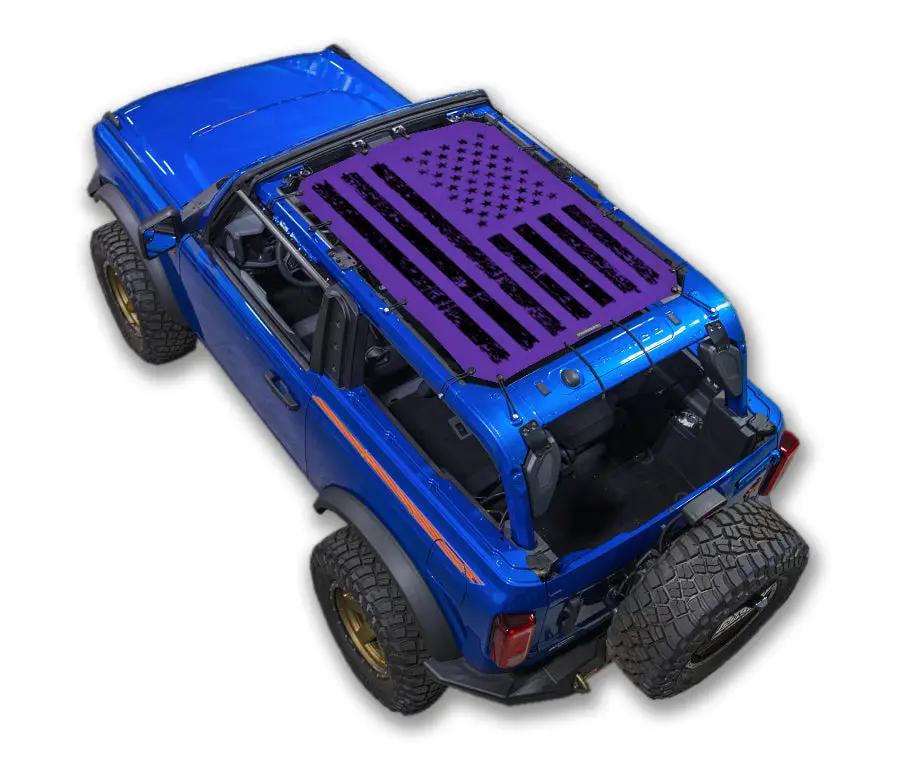 Ford Bronco sun shade top (2021–2026) purple with black flag print.